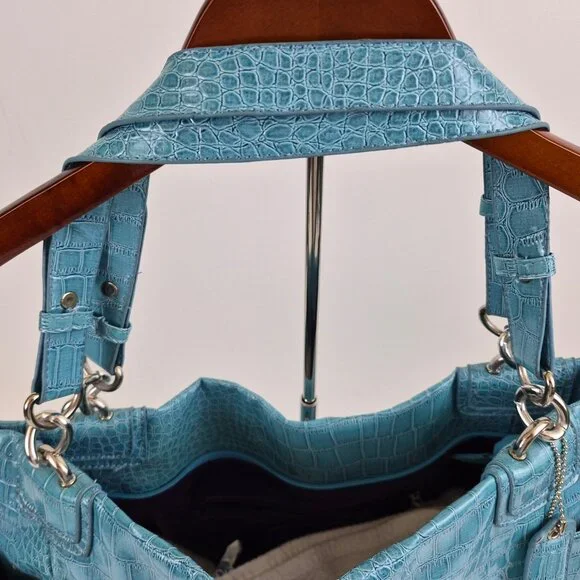 Coach Croc Embossed Leather Tote Teal Blue Shoulder Bag New Style 5659